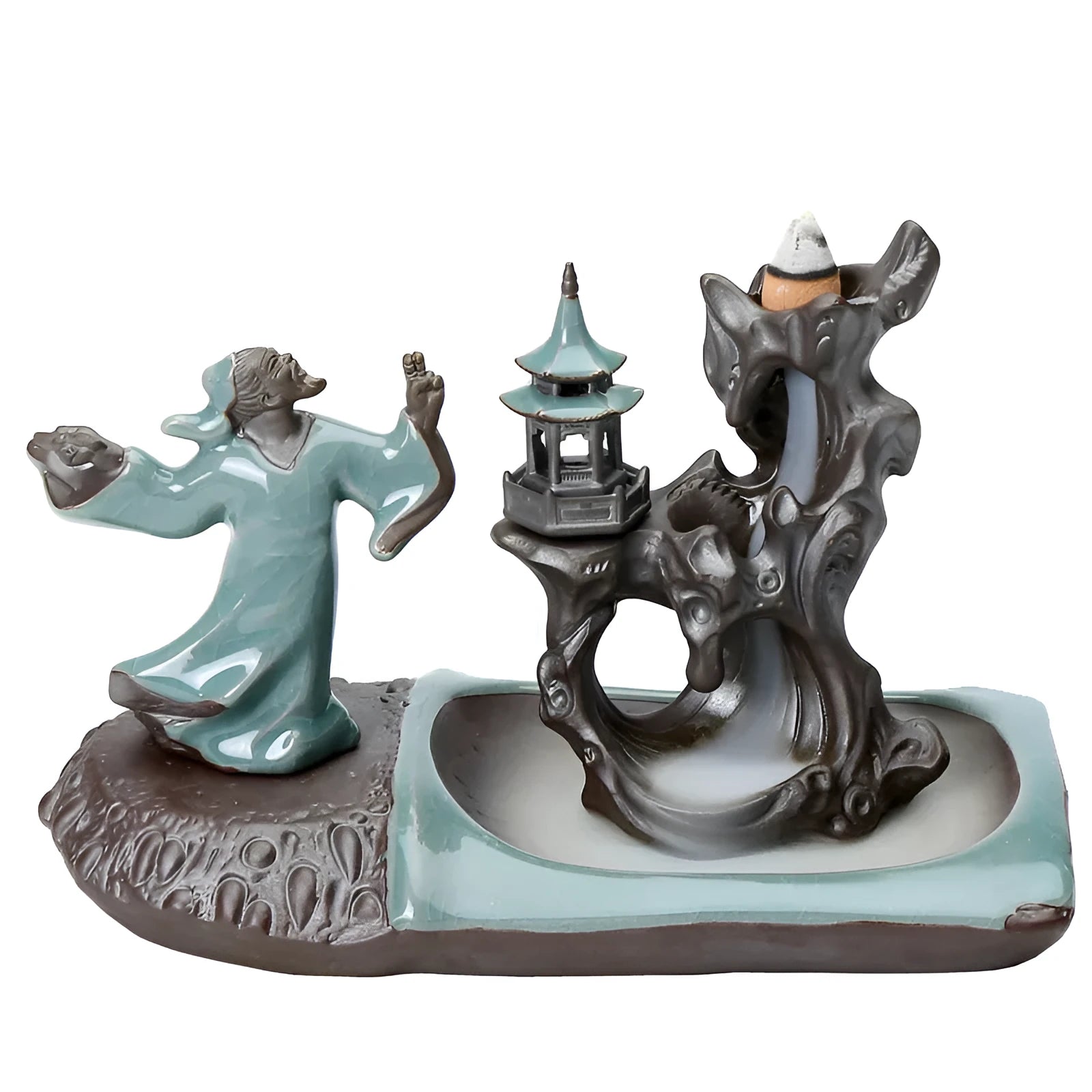 Ge Kiln ceramic backflow incense burner with incense seat on wooden tea table