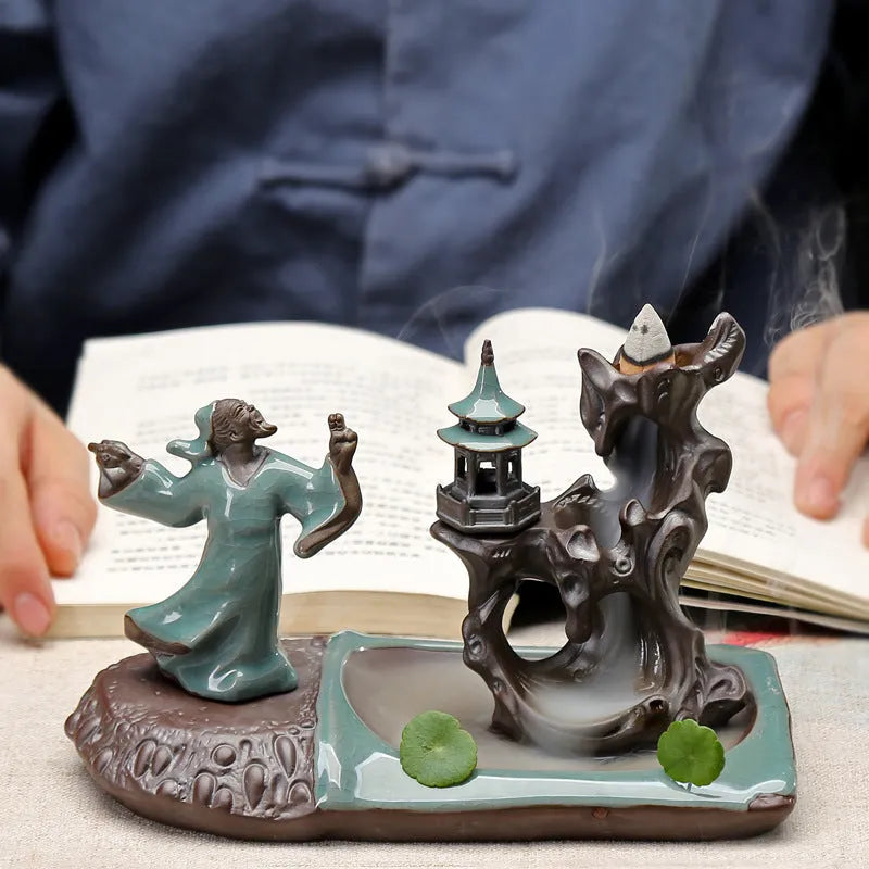 Ge Kiln ceramic backflow incense burner with incense seat on wooden tea table