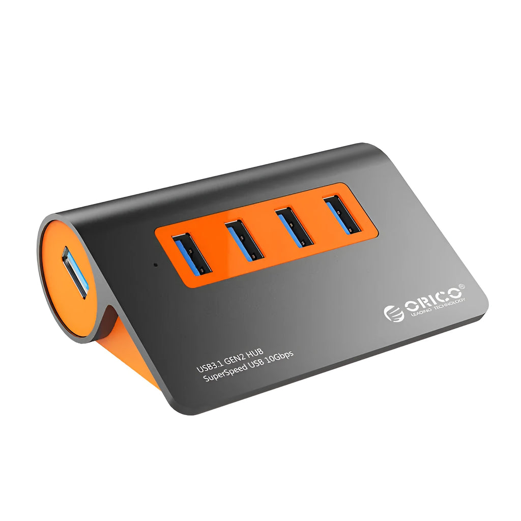 Dark grey and orange aluminium USB-C hub with four USB 3.1 ports and separate 100 cm cable