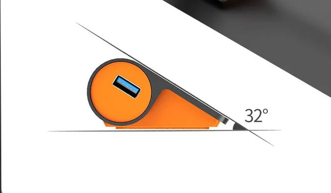 Dark grey and orange aluminium USB-C hub with four USB 3.1 ports and separate 100 cm cable