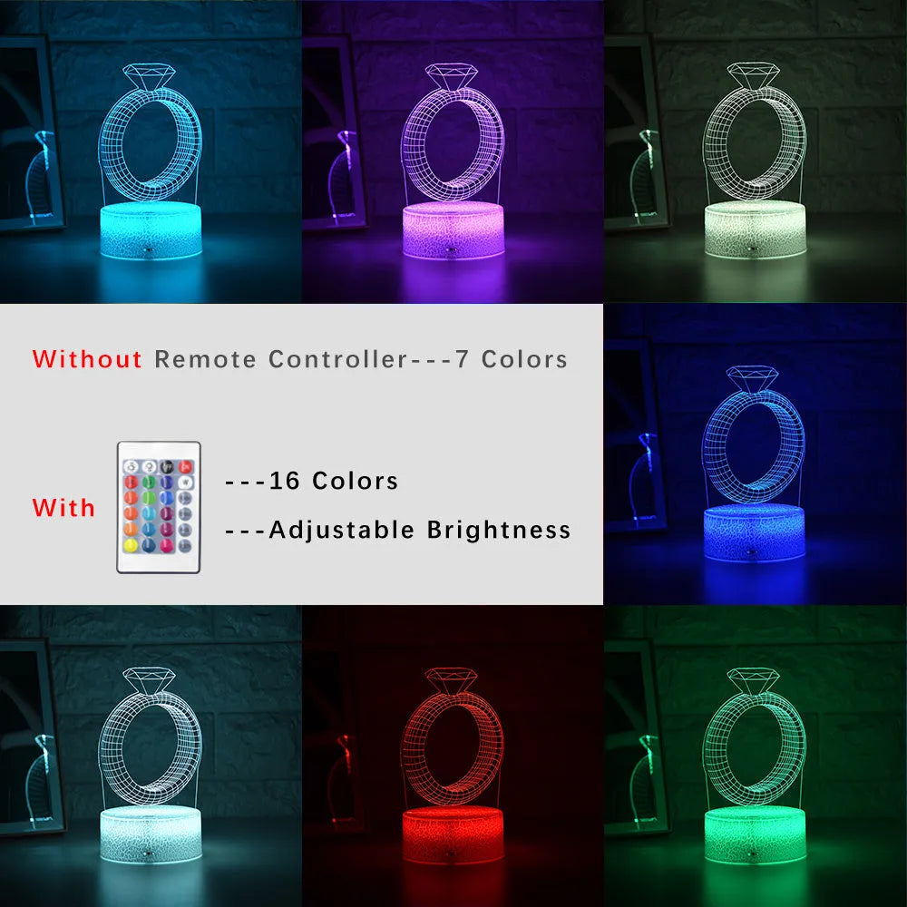 3D LED night light showing a glowing, laser-engraved diamond ring design on a black background.