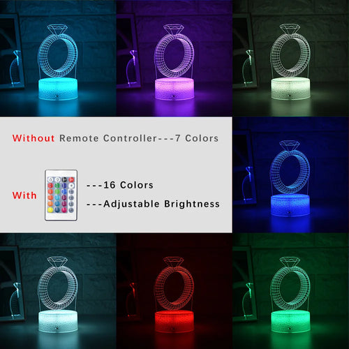3D LED night light showing a glowing, laser-engraved diamond ring design on a black background.