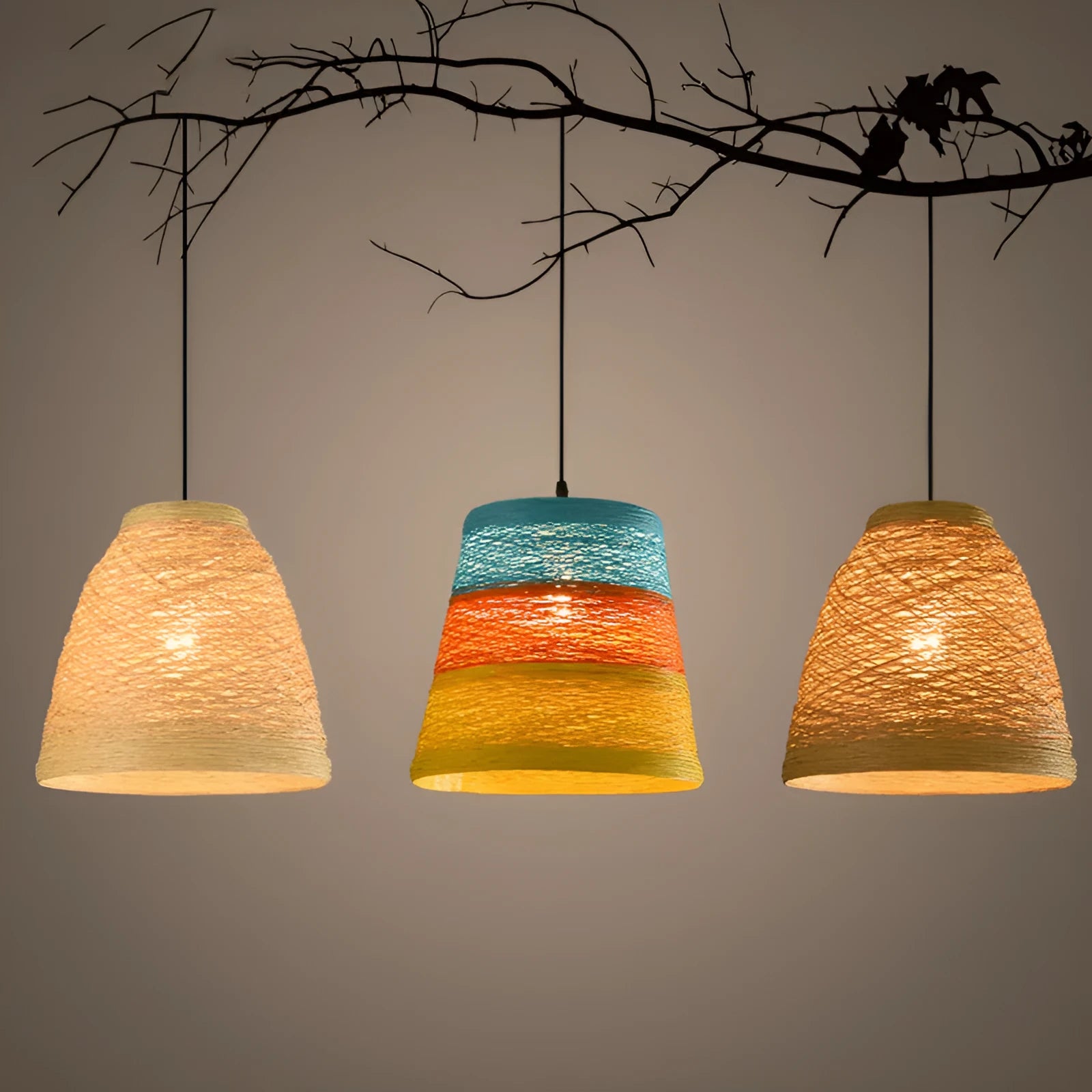 Rattan woven ball pendant lamp with adjustable cord hanging from ceiling