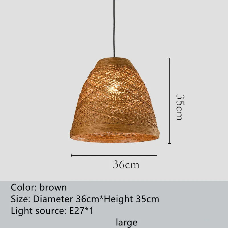 Rattan woven ball pendant lamp with adjustable cord hanging from ceiling