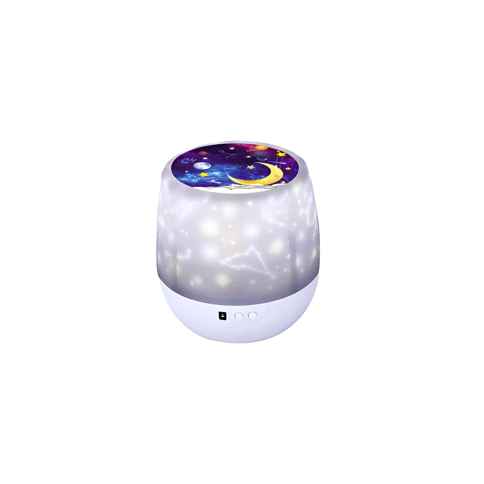 Pruixin rotating projector night light displaying star patterns on a bedroom ceiling.