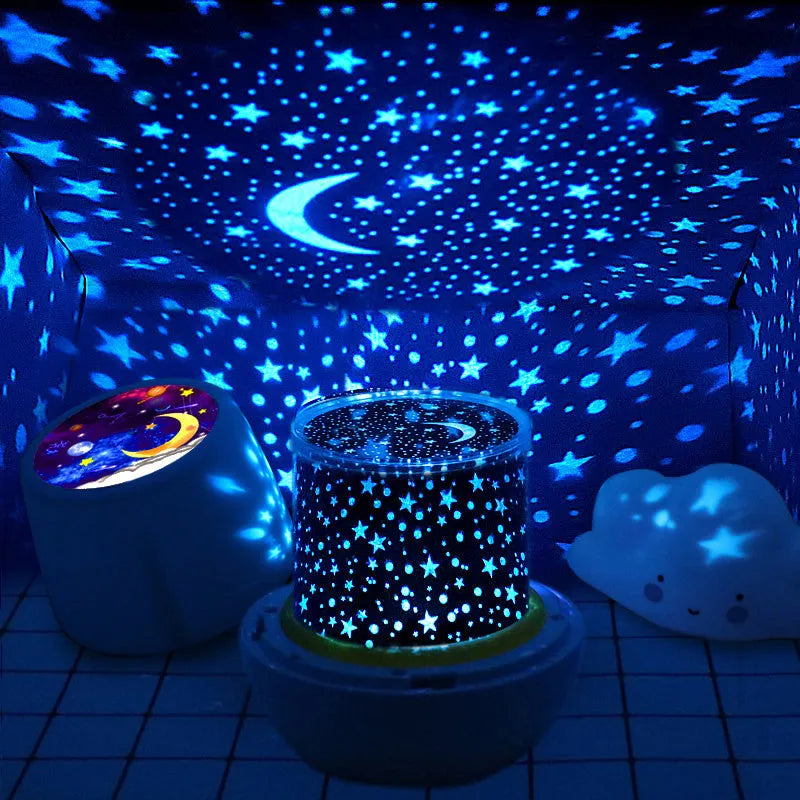 Pruixin rotating projector night light displaying star patterns on a bedroom ceiling.