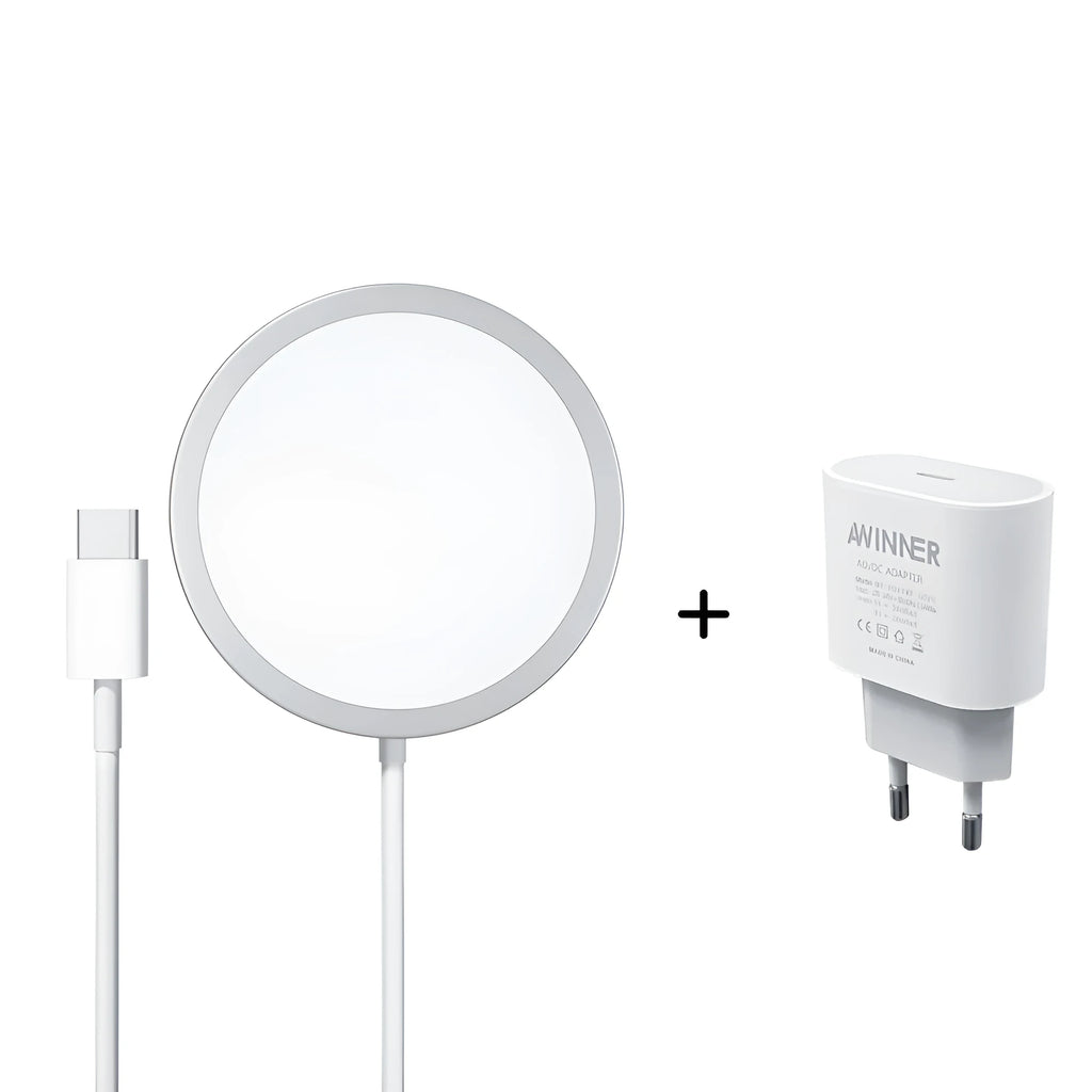 White metallic Magsafe wireless charger with pop-up window for iPhone 12-15 series