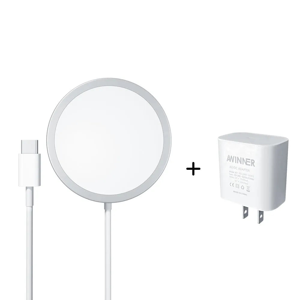 White metallic Magsafe wireless charger with pop-up window for iPhone 12-15 series