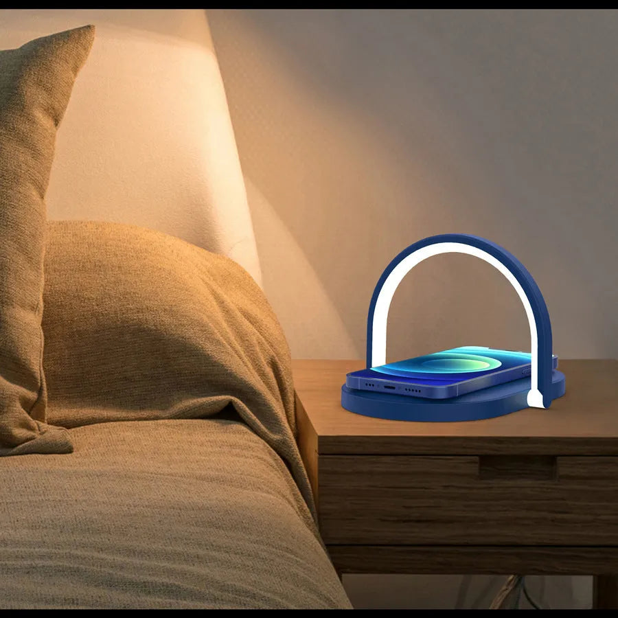 Black and white wireless charger night light with phone holder showing compact dimensions