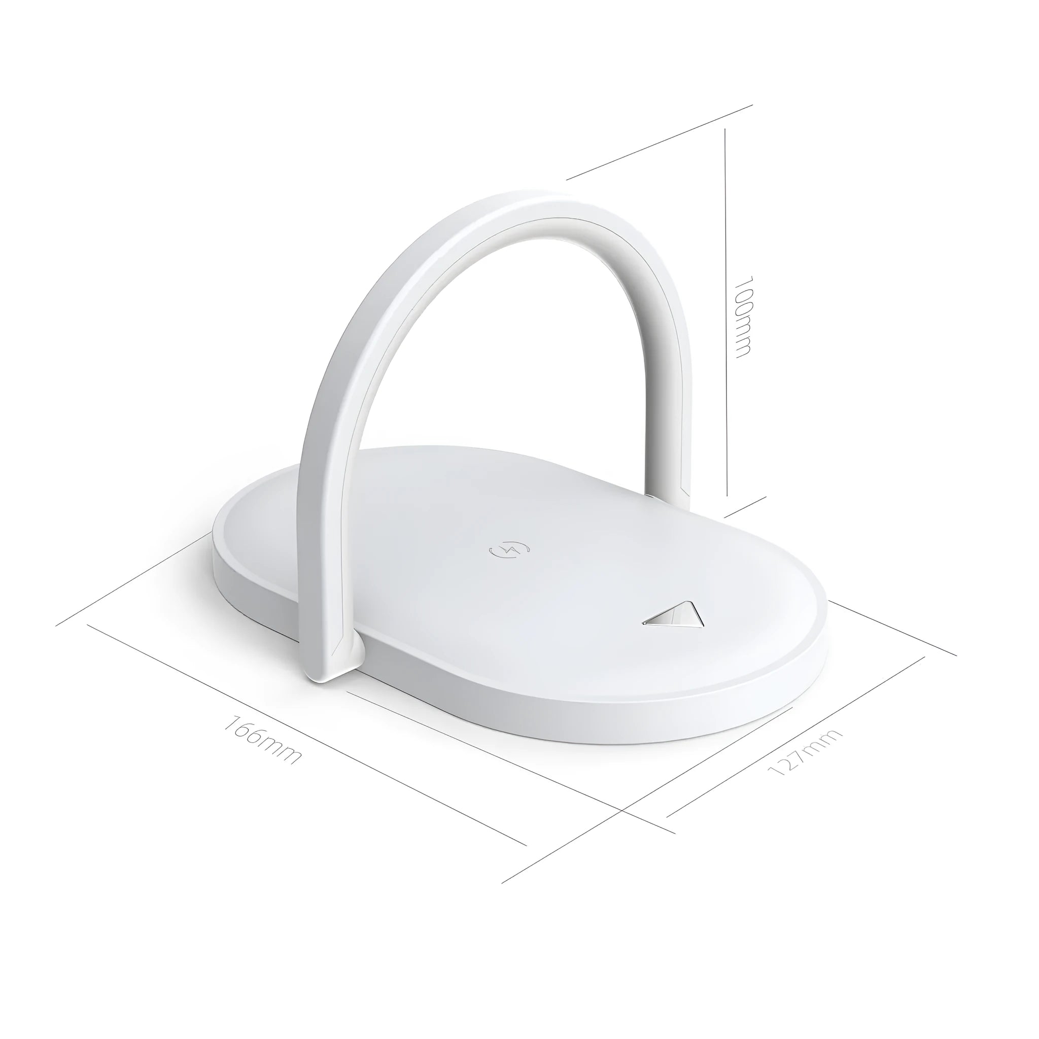 Black and white wireless charger night light with phone holder showing compact dimensions