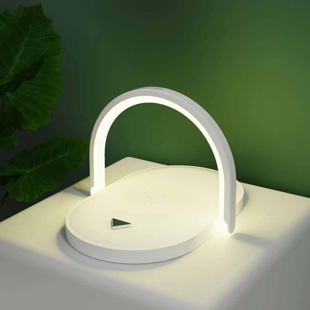 Black and white wireless charger night light with phone holder showing compact dimensions