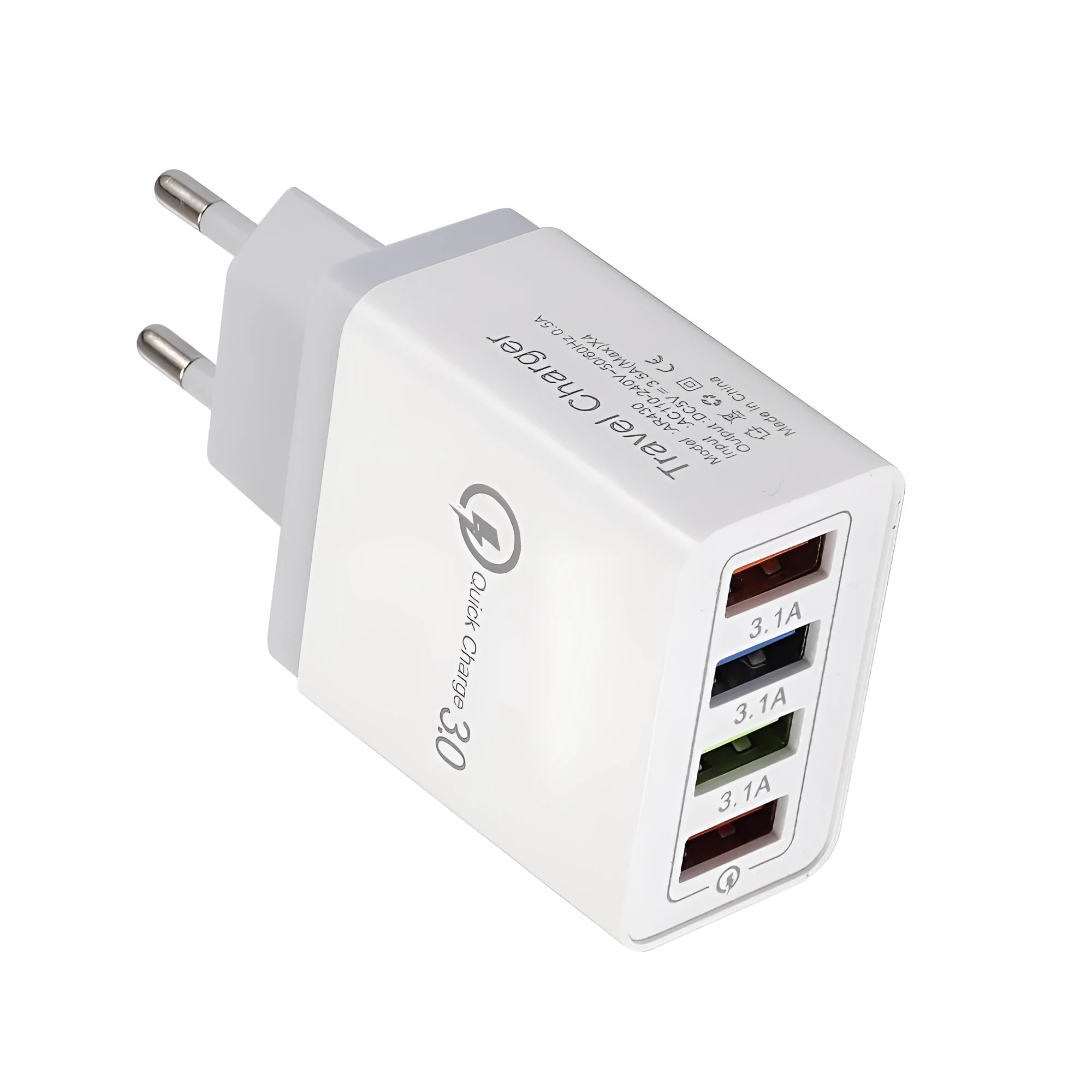 Dark Blue 4-port USB mobile phone charger with EU plug, showing dimensions and USB ports.