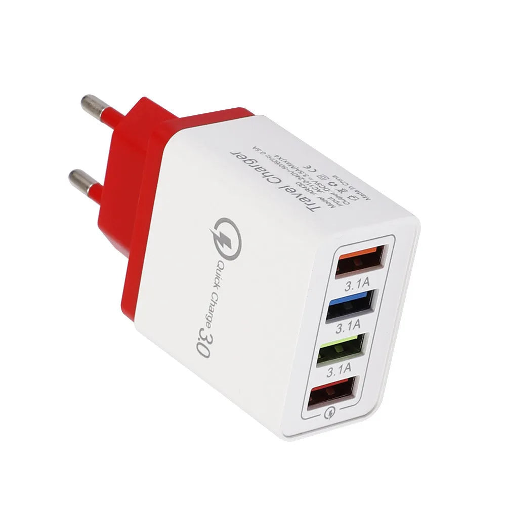 Dark Blue 4-port USB mobile phone charger with EU plug, showing dimensions and USB ports.