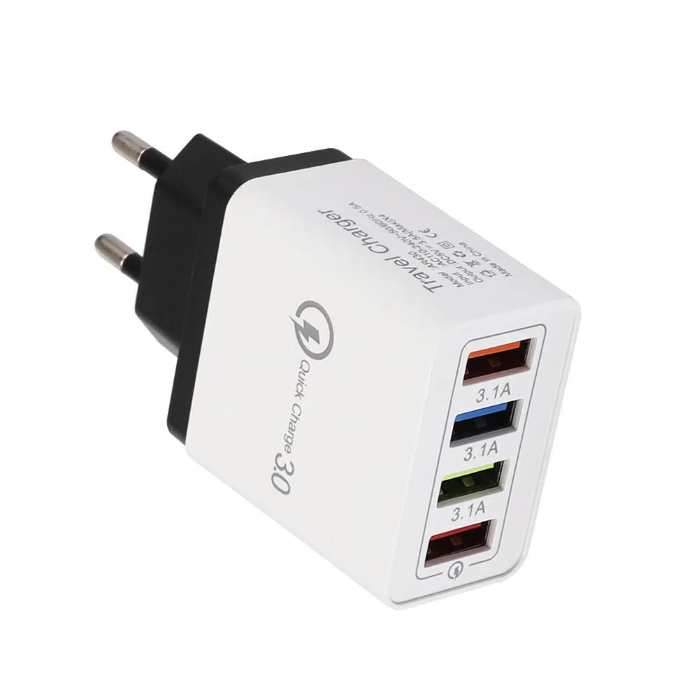 Dark Blue 4-port USB mobile phone charger with EU plug, showing dimensions and USB ports.