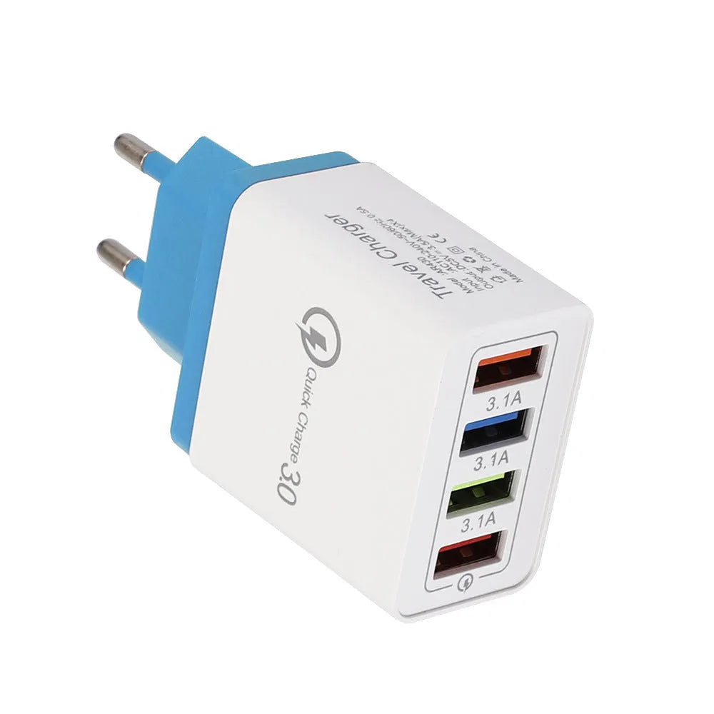 Simple Luminous 4-port USB wall charger with blue casing and glowing light, next to EU and UK plug options.