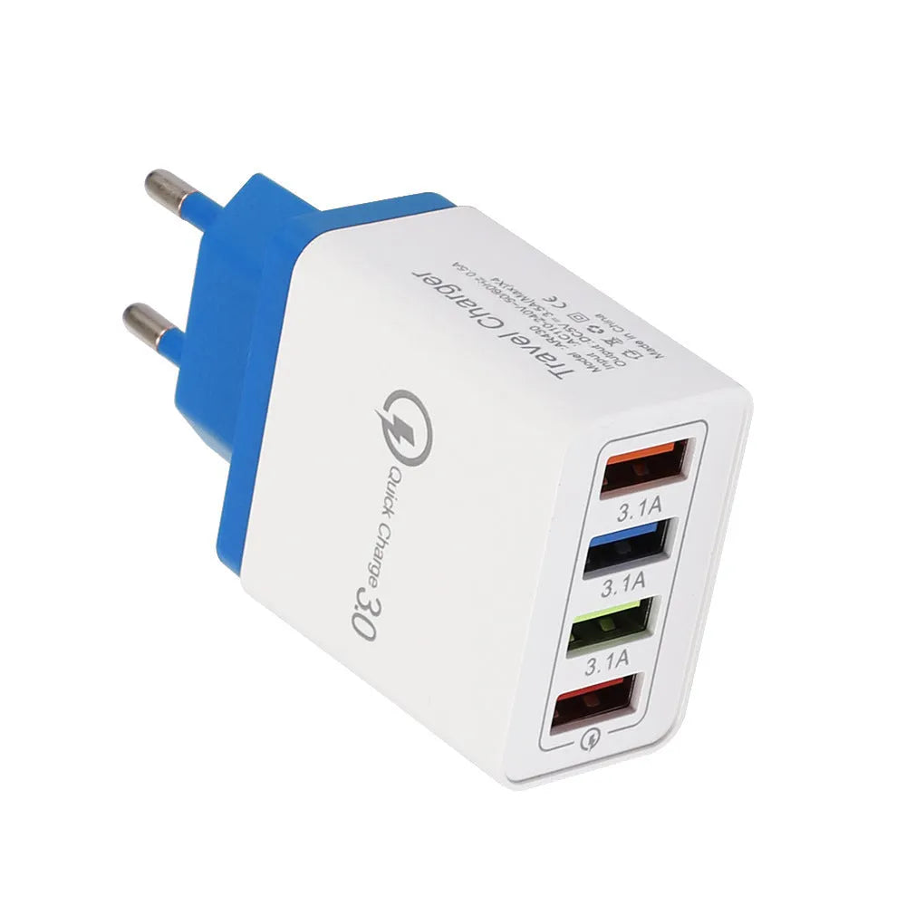 Dark Blue 4-port USB mobile phone charger with EU plug, showing dimensions and USB ports.