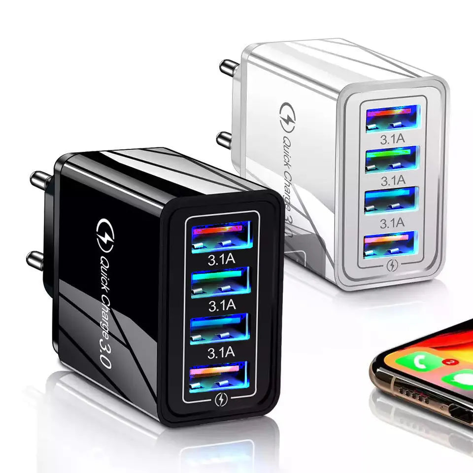Simple Luminous 4-port USB wall charger with blue casing and glowing light, next to EU and UK plug options.