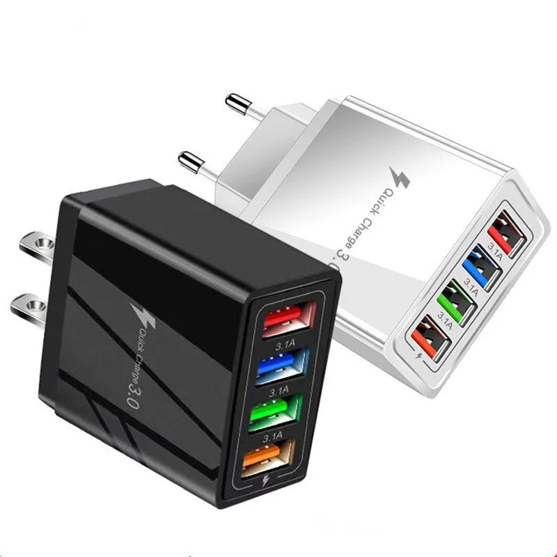 Simple Luminous 4-port USB wall charger with blue casing and glowing light, next to EU and UK plug options.