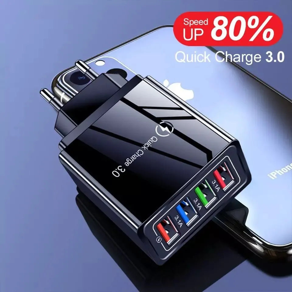 Dark Blue 4-port USB mobile phone charger with EU plug, showing dimensions and USB ports.