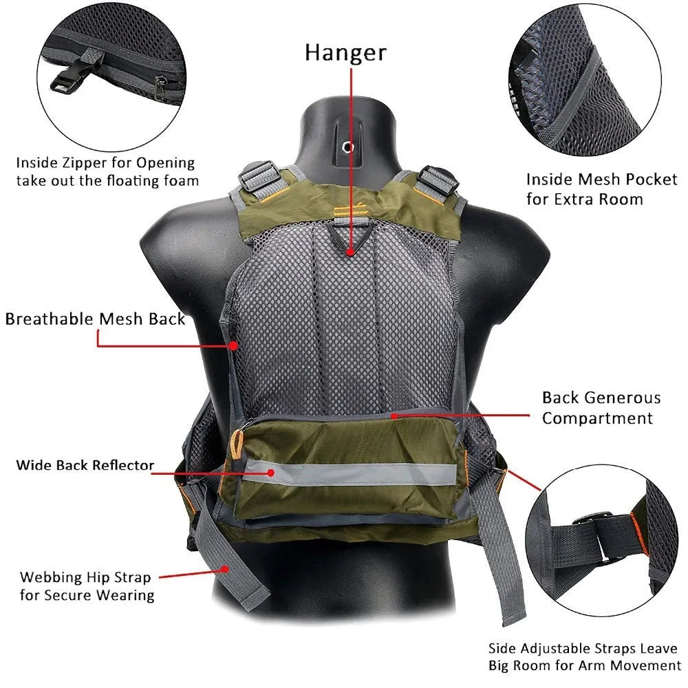 Grey fishing life jacket with multiple pockets and reflective strips showing removable foam buoyancy inserts