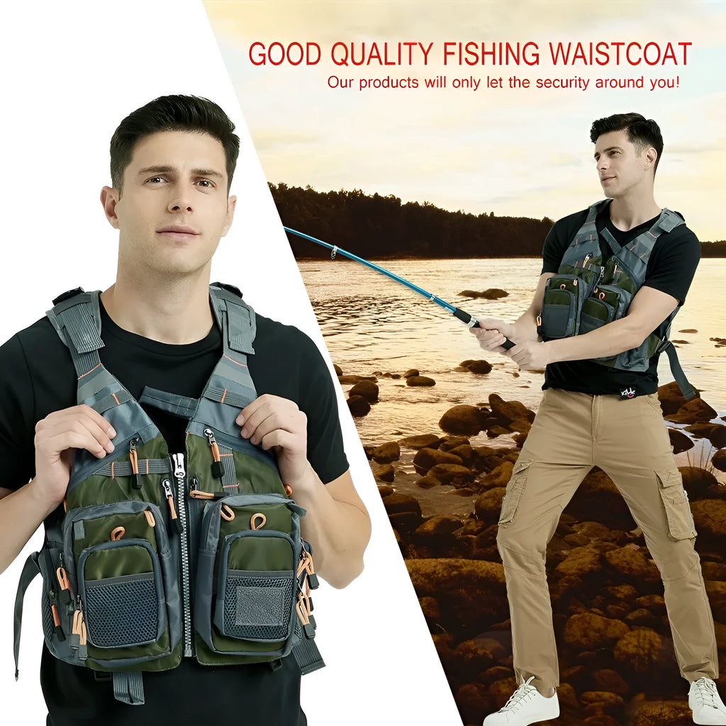 Grey fishing life jacket with multiple pockets and reflective strips showing removable foam buoyancy inserts