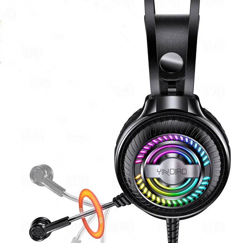 Black wired PC headset with microphone, head-mounted design, and long cable on a white background