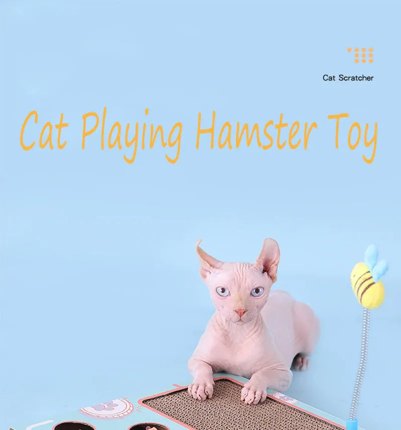 Blue cat toy teaser whack-a-mole game on floor, 36x26x6cm, cardboard and wood construction.