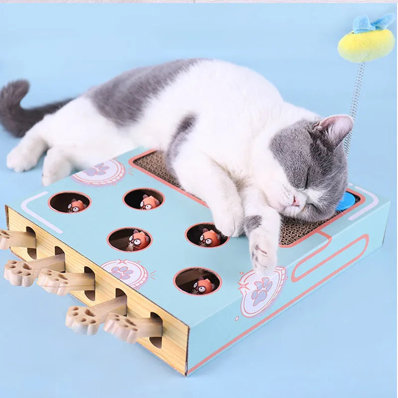 Blue cat toy teaser whack-a-mole game on floor, 36x26x6cm, cardboard and wood construction.