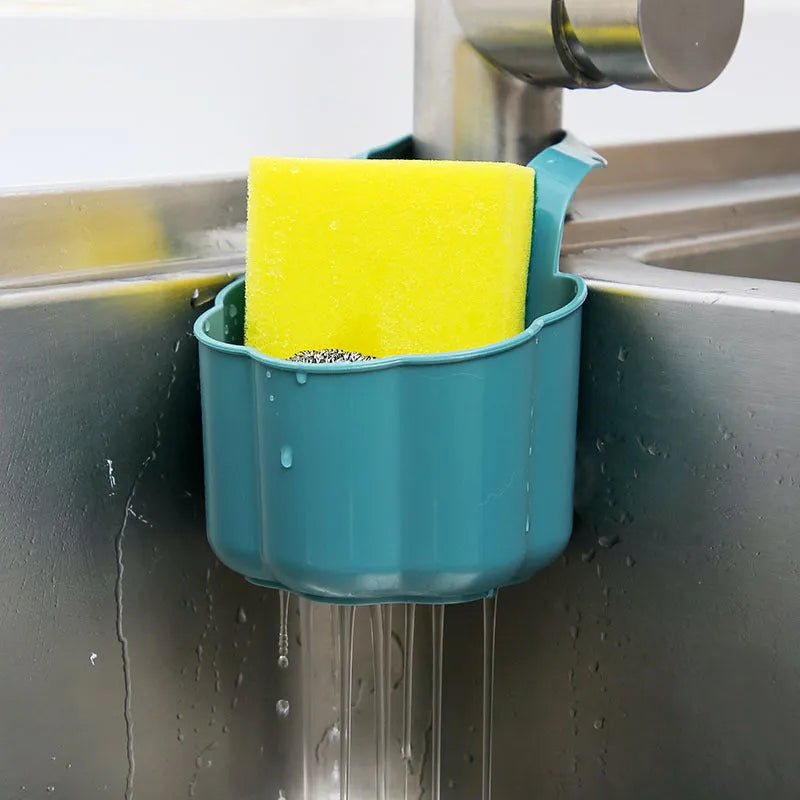 Plastic sink drain basket in dark blue colour showing 20cm length and 10cm width dimensions