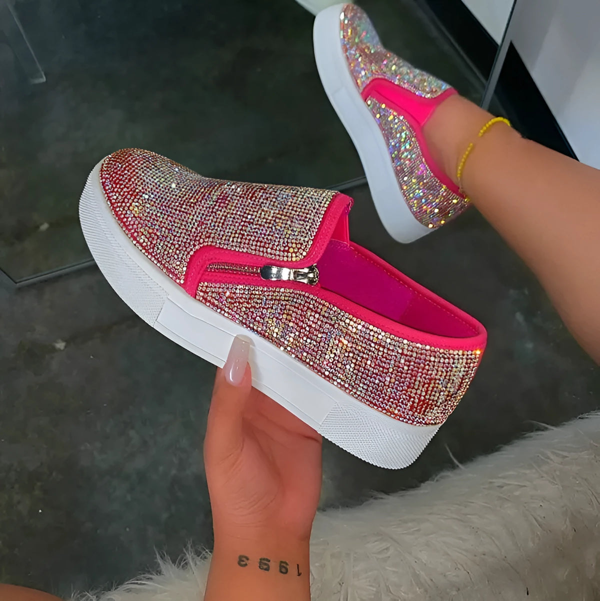 Women's large size rhinestone flat slip-on shoes with round toe, microfiber upper, rubber sole, in black, offwhite, or pink