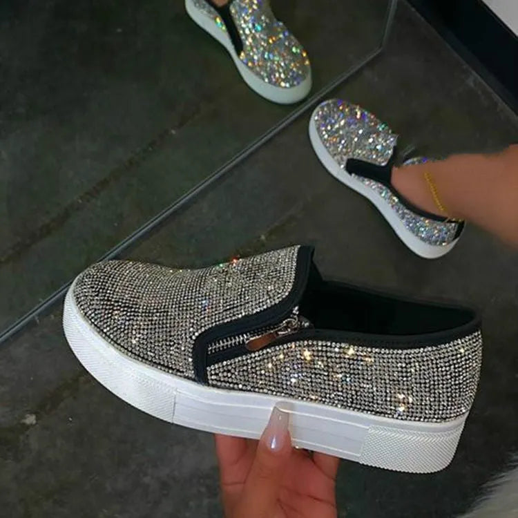 Women's large size rhinestone flat slip-on shoes with round toe, microfiber upper, rubber sole, in black, offwhite, or pink