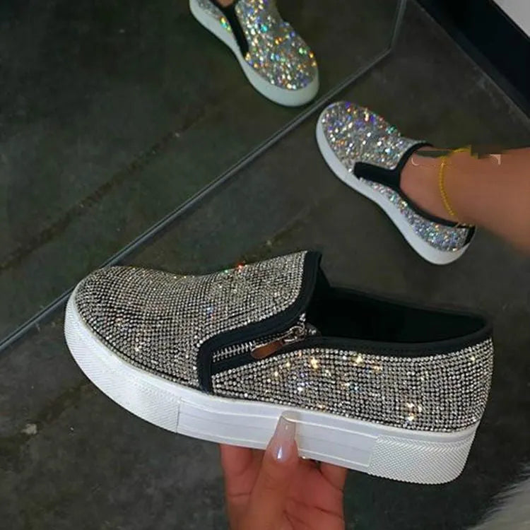 Women's large size rhinestone flat slip-on shoes with round toe, microfiber upper, rubber sole, in black, offwhite, or pink