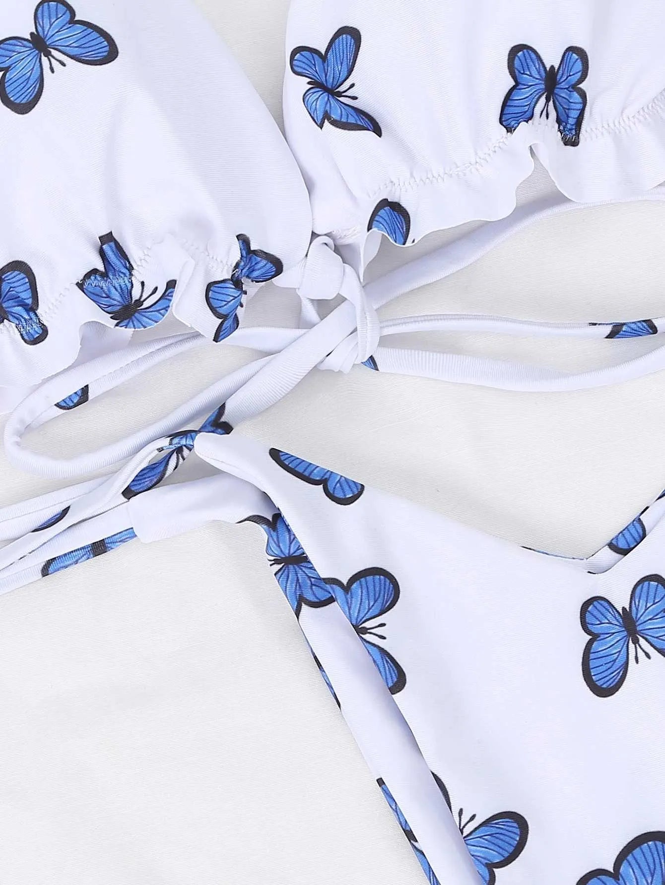 White butterfly print lace thong bikini set with underwire support for women