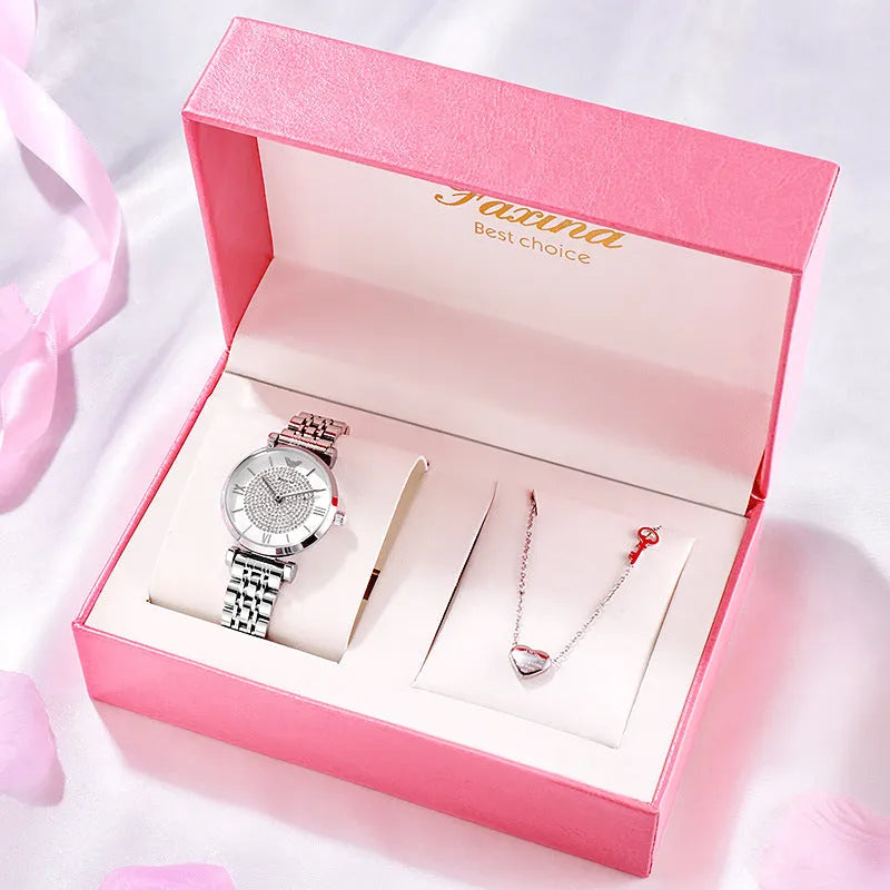 Rose gold gypsophila quartz watch set with 32mm dial, alloy strap, and matching titanium steel heart-shaped necklace