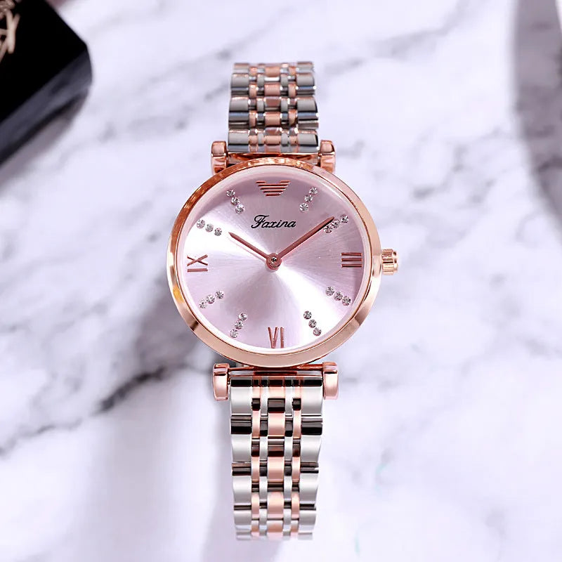 Rose gold gypsophila quartz watch set with 32mm dial, alloy strap, and matching titanium steel heart-shaped necklace