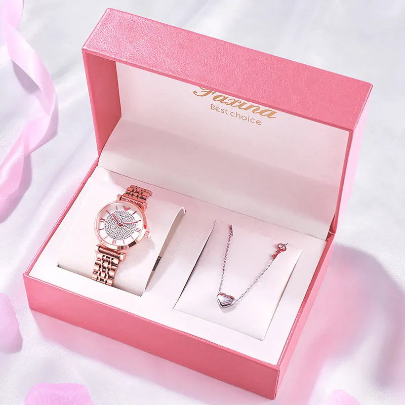 Rose gold gypsophila quartz watch set with 32mm dial, alloy strap, and matching titanium steel heart-shaped necklace