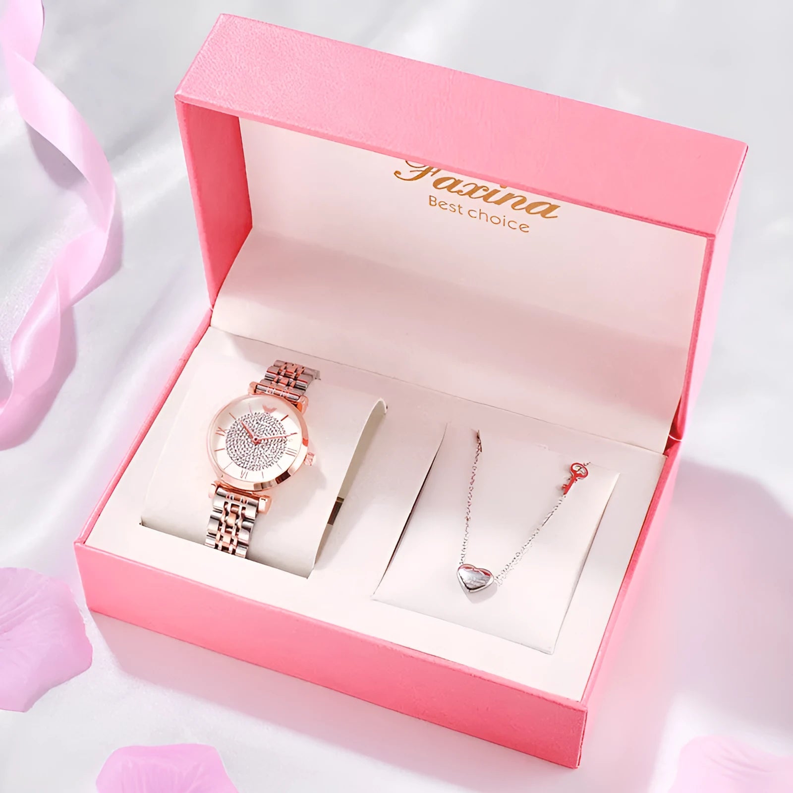 Rose gold gypsophila quartz watch set with 32mm dial, alloy strap, and matching titanium steel heart-shaped necklace