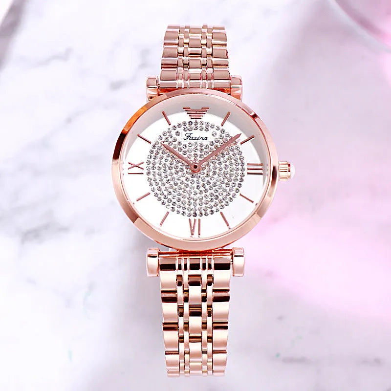 Rose gold gypsophila quartz watch set with 32mm dial, alloy strap, and matching titanium steel heart-shaped necklace