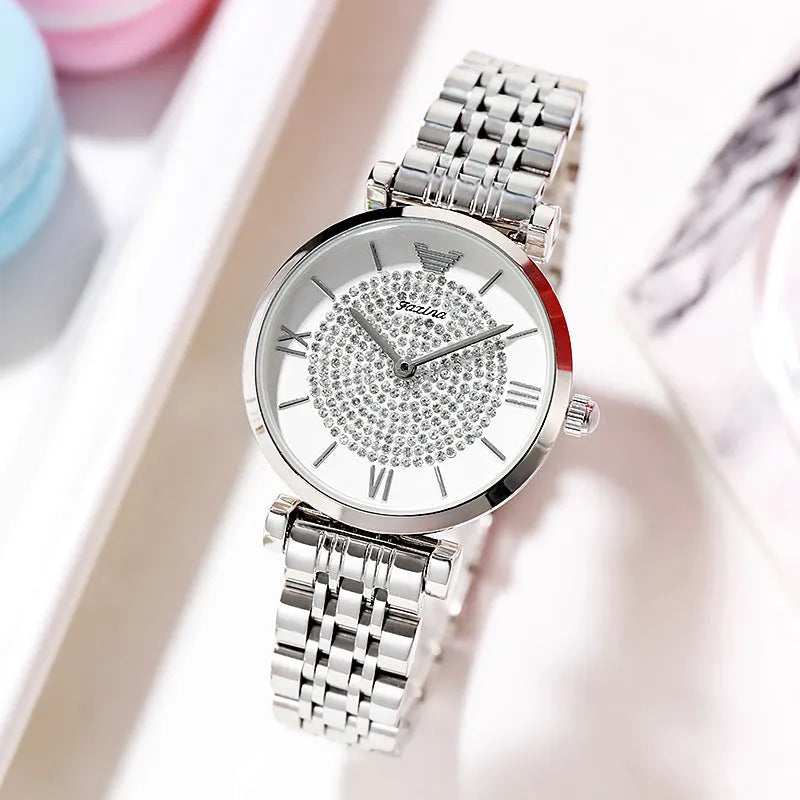 Rose gold gypsophila quartz watch set with 32mm dial, alloy strap, and matching titanium steel heart-shaped necklace