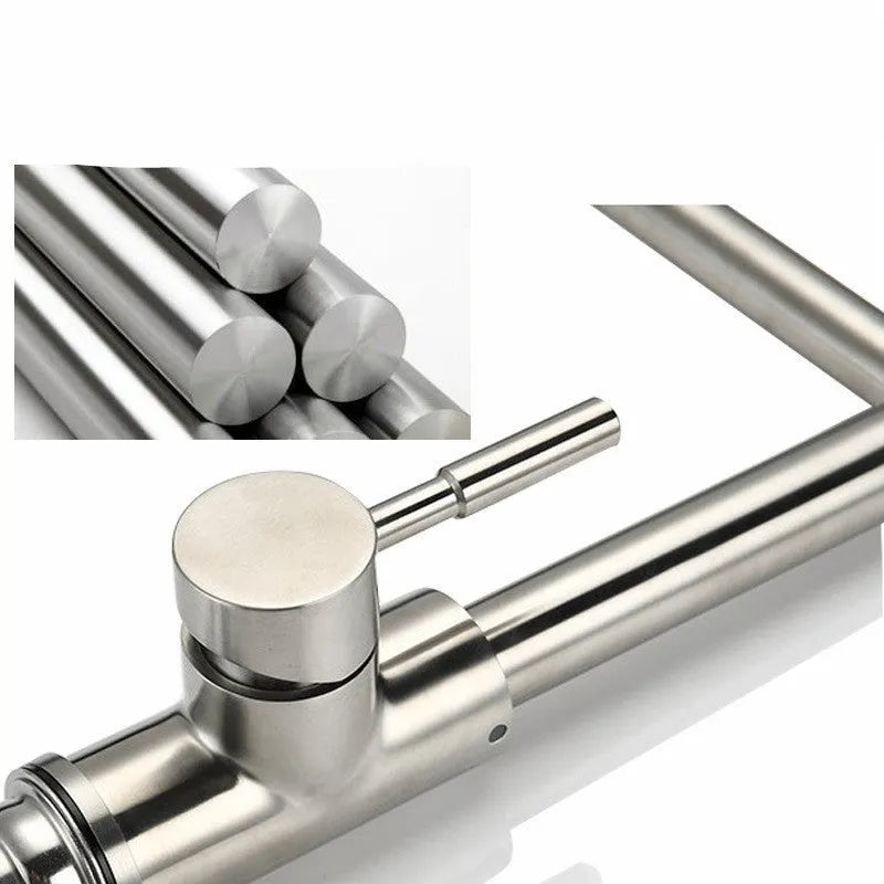 Silver stainless steel kitchen mixer tap with dual lever controls and rotating spout