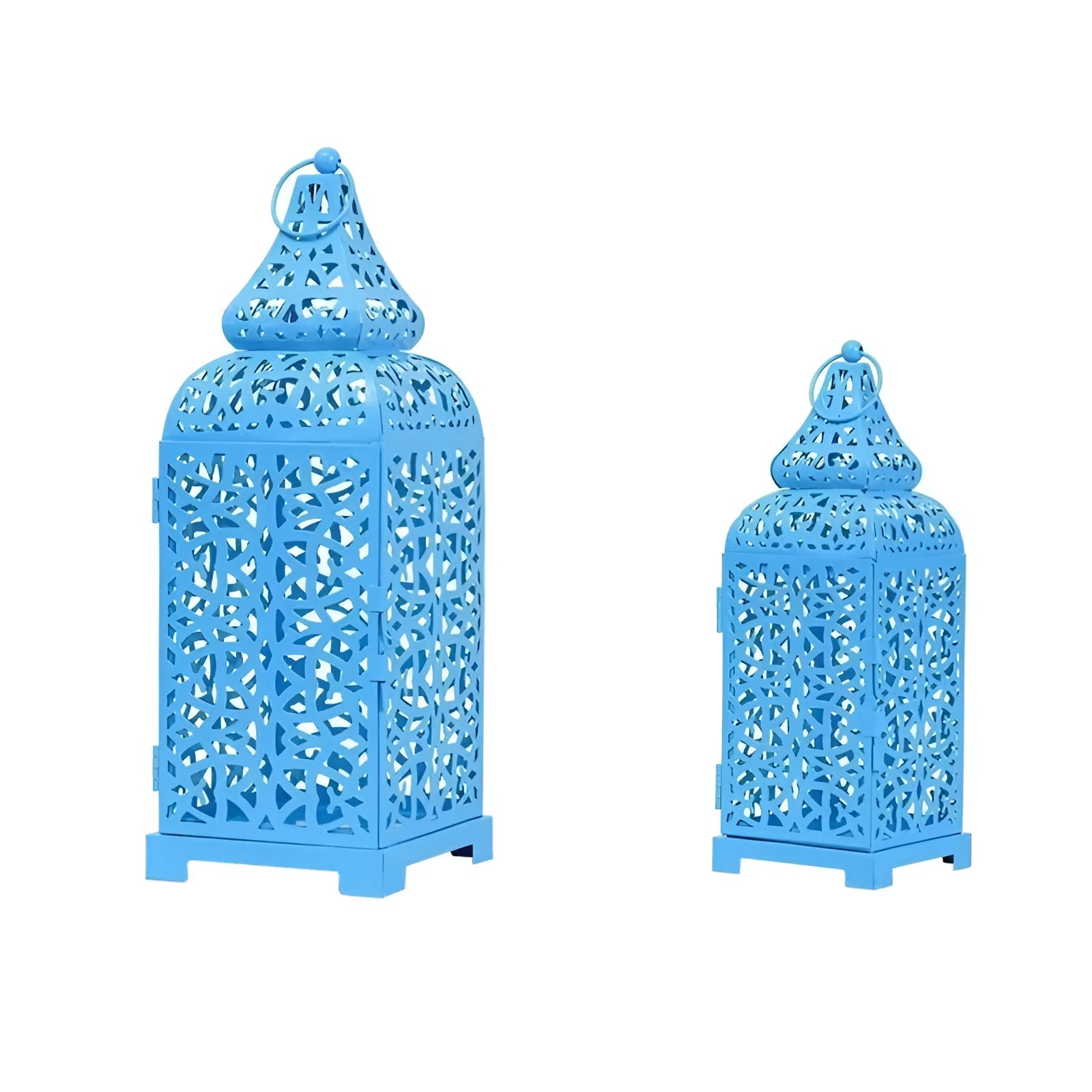 A tall, hollow geometric iron candlestick in blue, standing 38cm high on a wooden table.