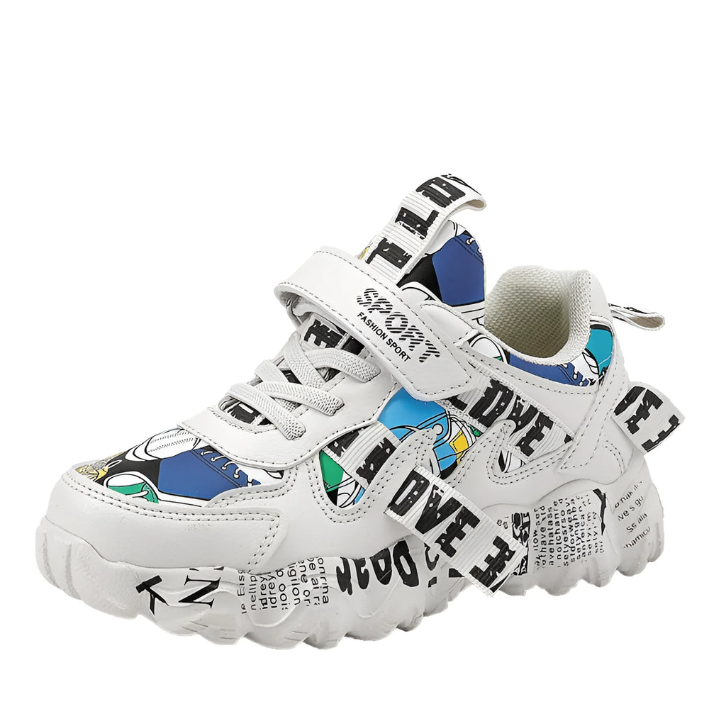 Boys' blue and beige velcro sports shoes with a rubber sole on a white background