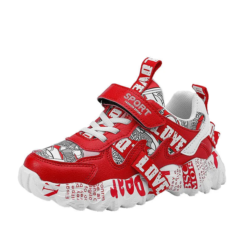 Kids sports sneakers with thick rubber soles and Velcro fastening in beige blue colour