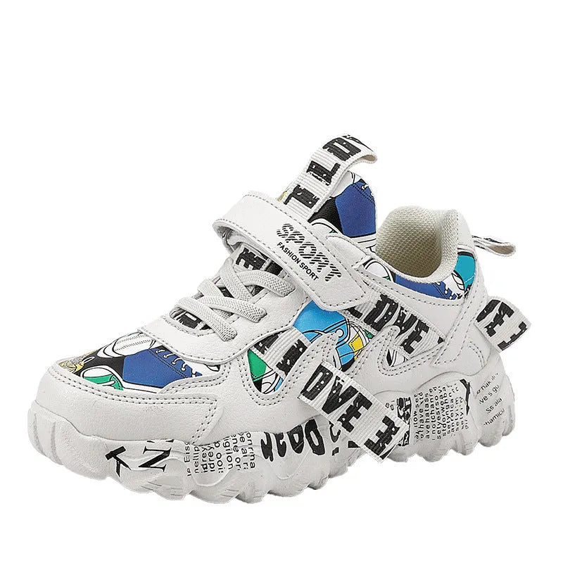 Boys' blue and beige velcro sports shoes with a rubber sole on a white background