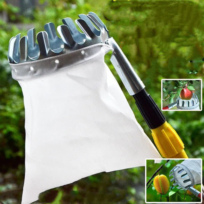 Fruit picker tool with steel frame and cloth bag for harvesting garden fruit
