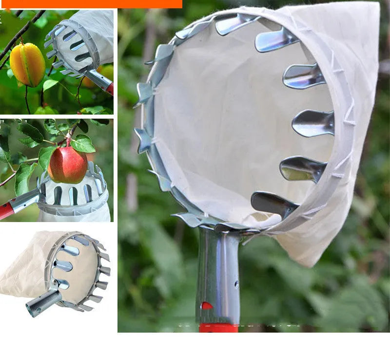 Fruit picker tool with steel frame and cloth bag for harvesting garden fruit