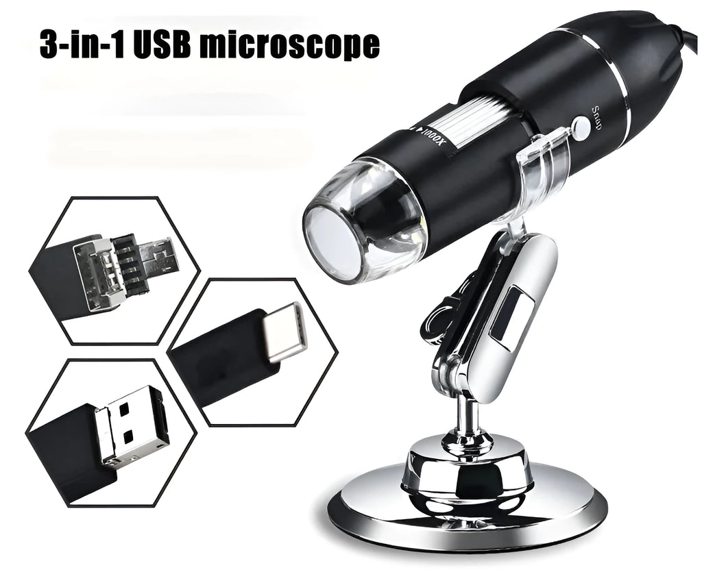 Black plastic portable 1000-times digital microscope with USB cable and 8 LED lights lying on a white surface