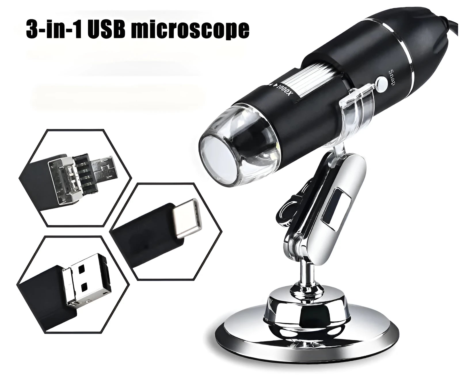 Black plastic portable 1000-times digital microscope with USB cable and 8 LED lights lying on a white surface