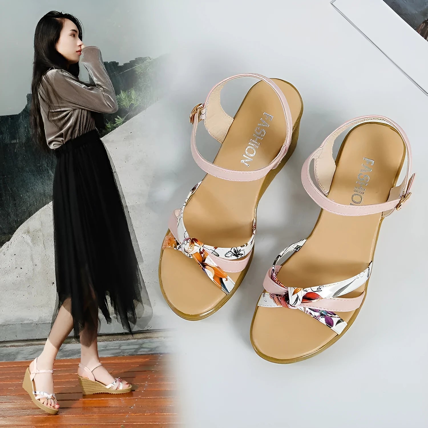Women's pink wedge heel sandals with a buckle closure and textured non-slip sole on a white background.