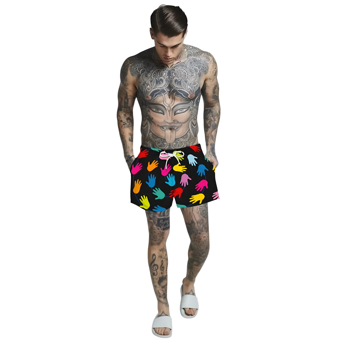Men's casual beach shorts with digital print pattern, loose mid-waist fit, tether closure, no belt, available in four colours